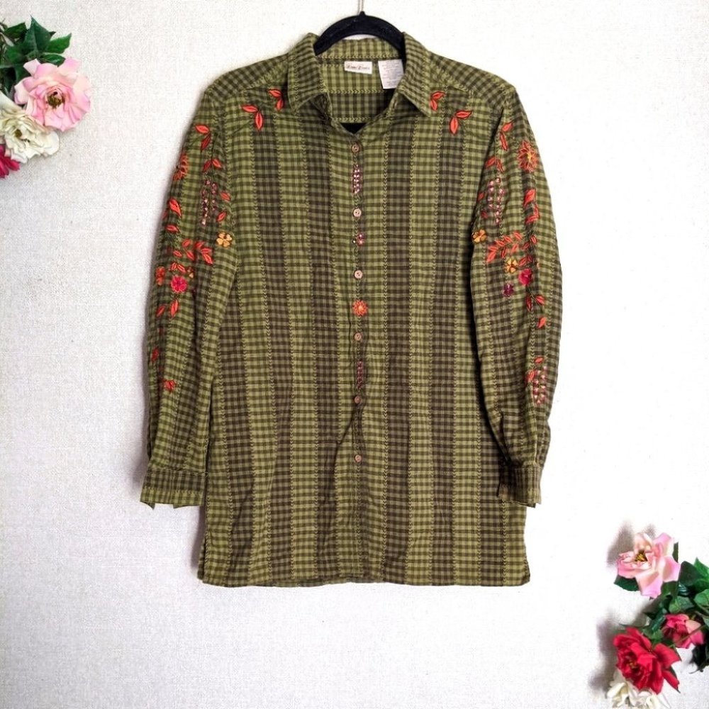 VTG Fall/Autumn Floral Embroidered Plaid Flannel S